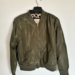 Ci Sono Women's Green Bomber Jacket Size L Leopard Print lining Full Zip
